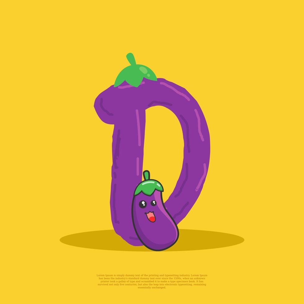 Letter D with cute eggplant sitting beside it. flat design vector