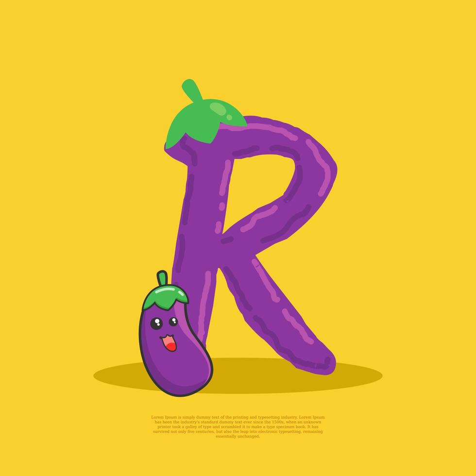 Letter R with cute eggplant sitting beside it. flat design vector