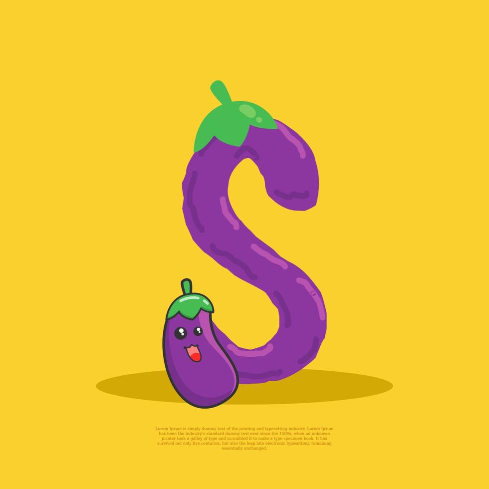Letter S with cute eggplant sitting beside it. flat design vector
