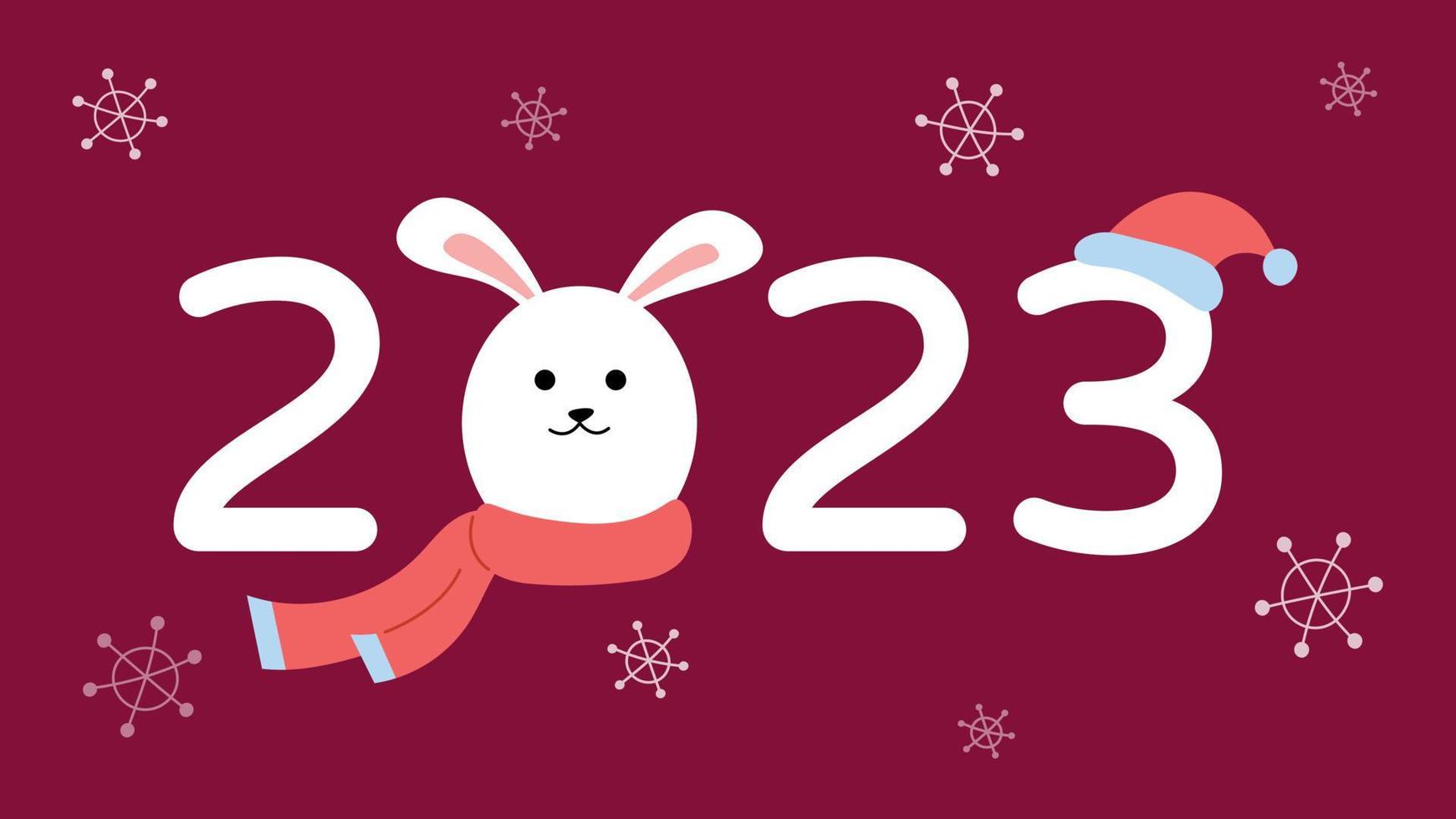 2023 Year of rabbit. New Year banner with cute cartoon hare ih scarf. Vector illustration. Numbers 2023 with adorable bunny face on red background