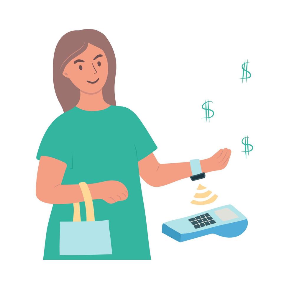 The girl pays for purchases with a smart watch. vector illustration