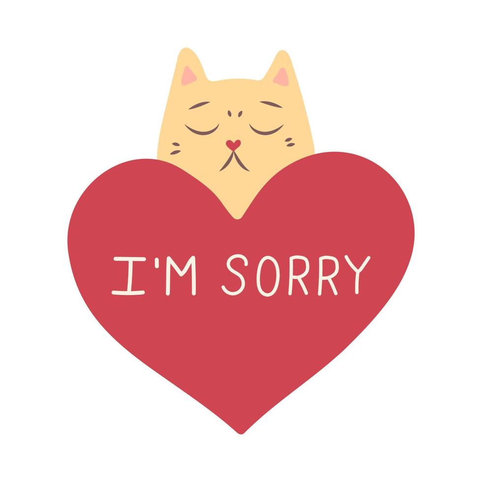 Sad apologetic cat with a red heart with the inscription I'm sorry. vector illustration