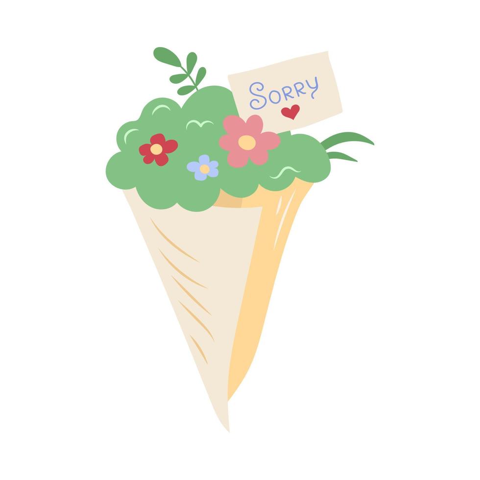 Bouquet of flowers with postcard sorry. vector illustration