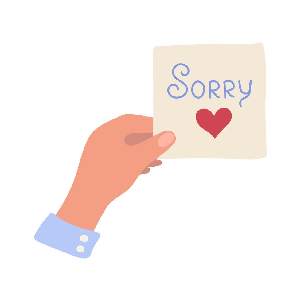 A hand holds a sign that says sorry. vector illustration