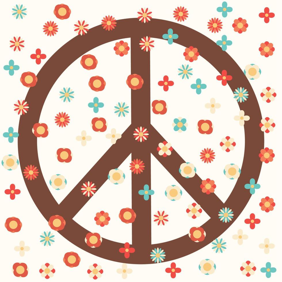 Icon, sticker in hippie style with Peace sign and flowers on beige background. Retro style vector