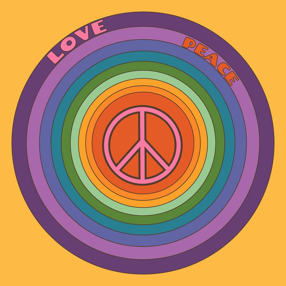 ícono, pegatina al estilo hippie con un signo de paz en un fondo de círculos brillantes vector