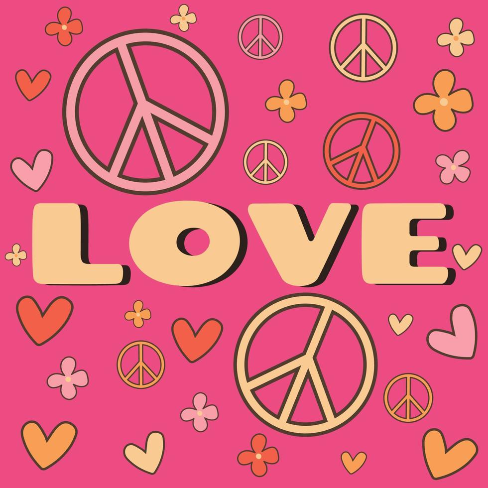 Icon, sticker in hippie style with text Love and flowers, hearts, peace signs on bright pink background in retro style vector