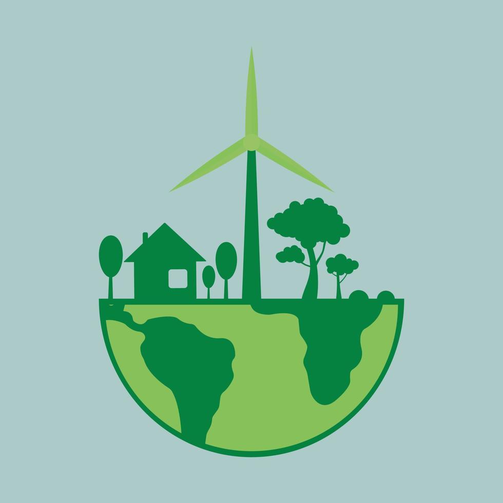 icon, sticker, button on the theme of saving and renewable energy with earth, planet, house and Wind turbines vector