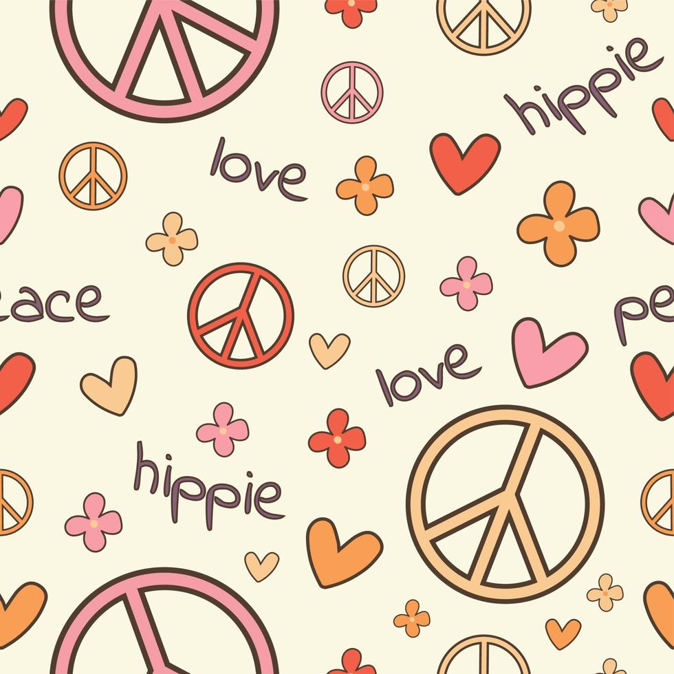 seamless pattern in hippie style with hearts, peace symbols, flowers and text love, hippie, peace on beige background vector