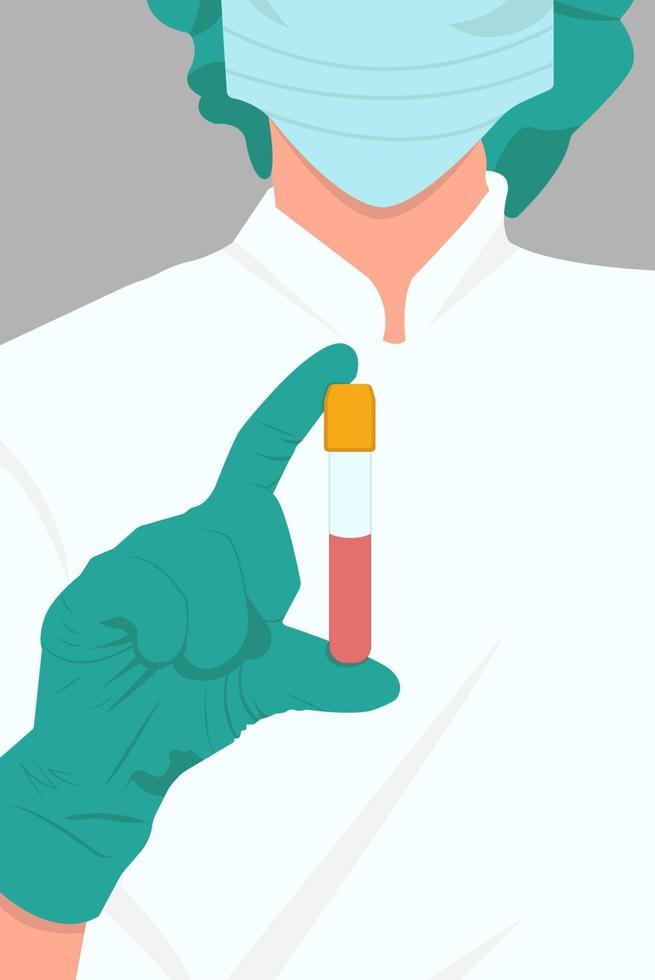 Flat illustration with laboratory assistant holding test tube in hand on gray background vector