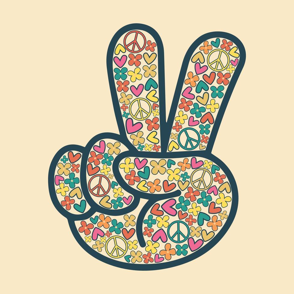 icono, pegatina al estilo hippie con un signo floral en v sobre un fondo beige con flores, corazones y signos de paz vector