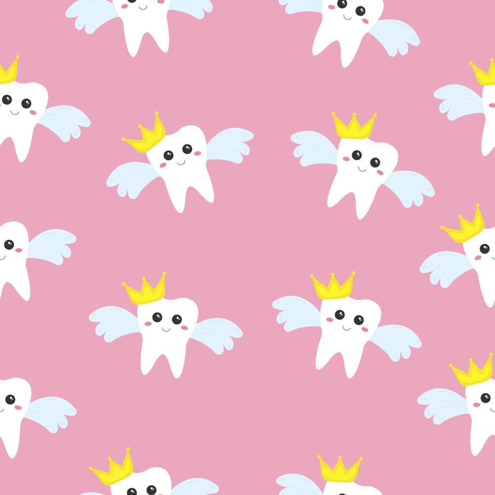 Seamless pattern with cute funny tooth fairy with a golden crown and wings on a pink background. Illustration can be used like poster, card or print. vector