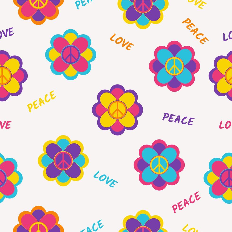 seamless pattern in hippie style with flowers, peace symbols and text love, peace on beige background vector