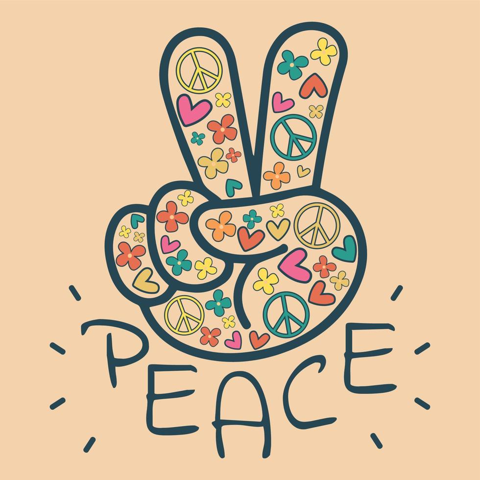 Icon, sticker in hippie style with floral V sign and text Peace on a beige background with flowers, hearts and peace signs vector