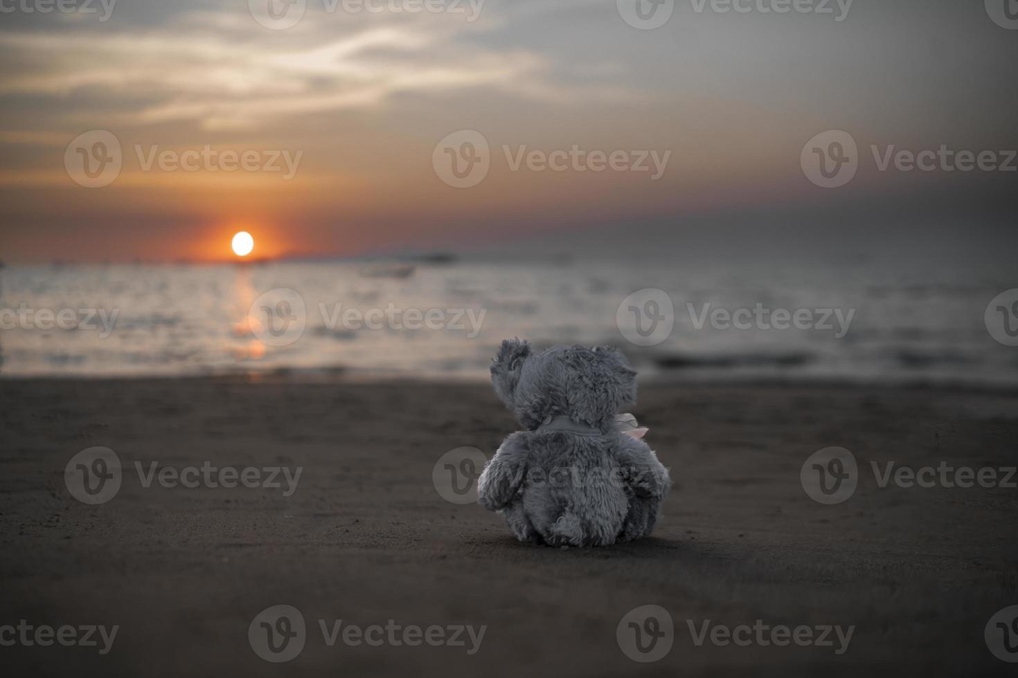 lonely teddy bear sitting alone on the beach at the evening sunset for created postcard  of international missing children, broken heart, lonely, sad, alone unwanted cute doll lost. photo