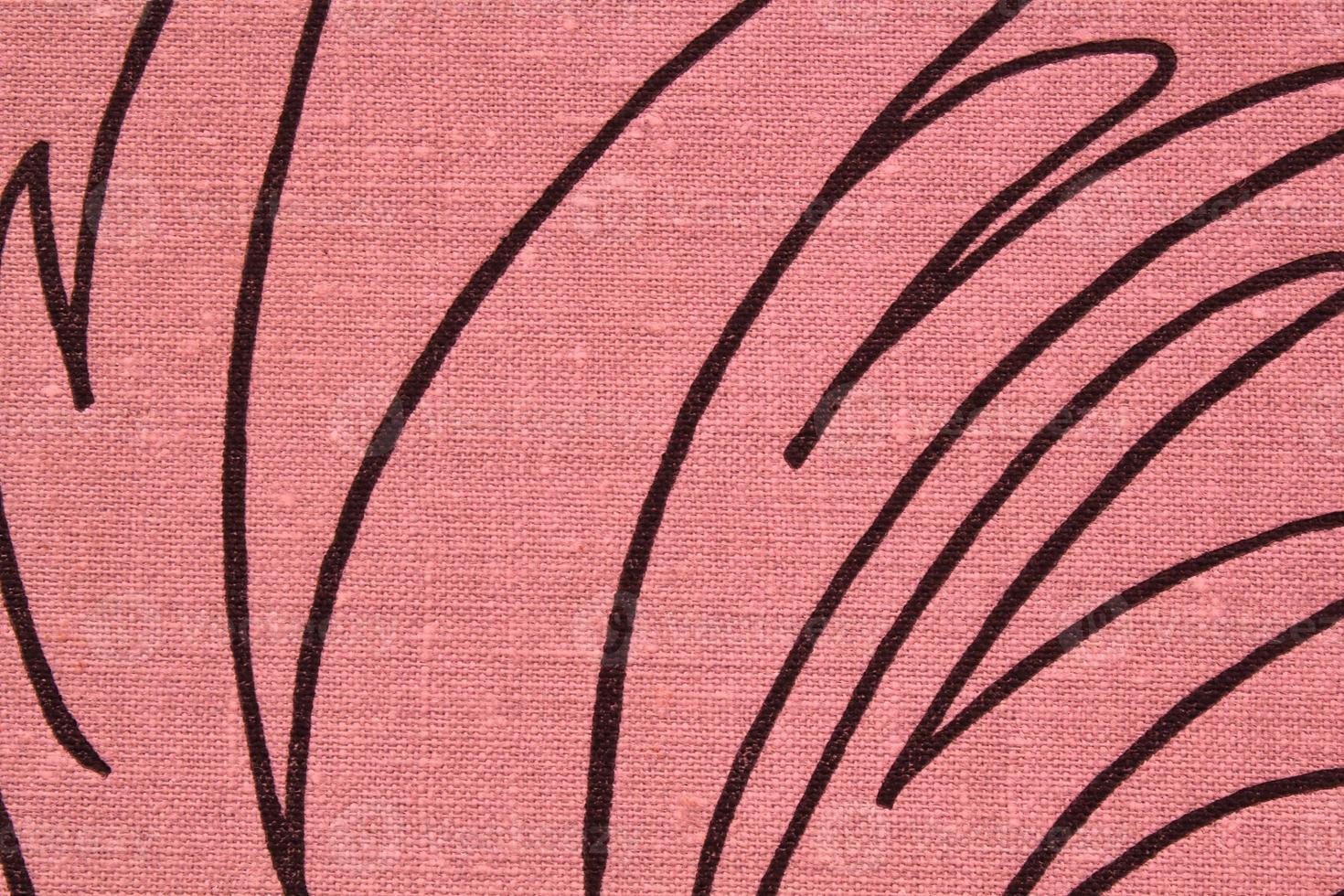 Abstract design background of pink coarse-grained intersection texture of rough fabric with an interlacing black painted lines. Linen sack textile canvas burlap cloth. Close-up, mock up, top view photo