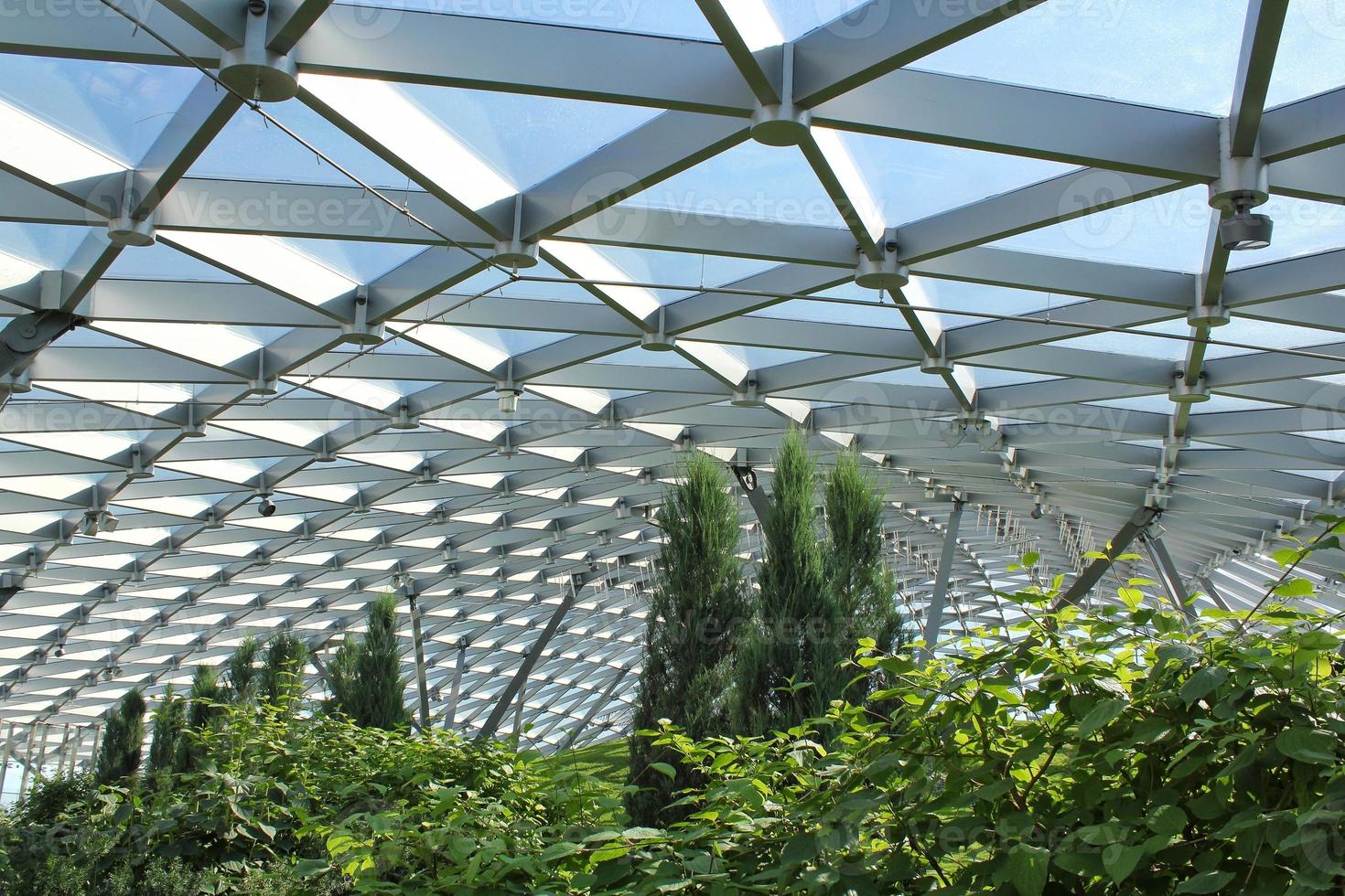 Sunlight through glass transparent roof of greenhouse botanical garden with various plants. Modern architecture. Gardening in city and saving nature resources concept. photo
