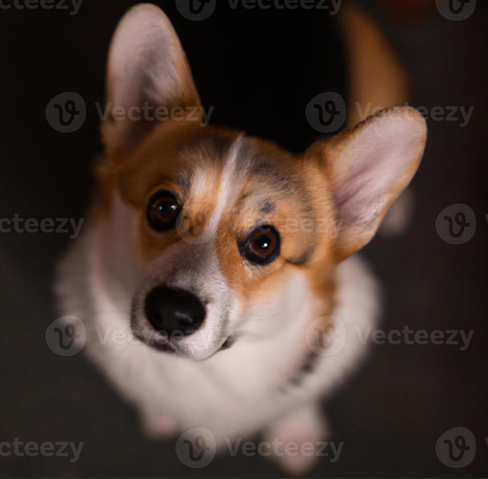 Close up portrait of cute happy corgi dog sitting and looking up photo