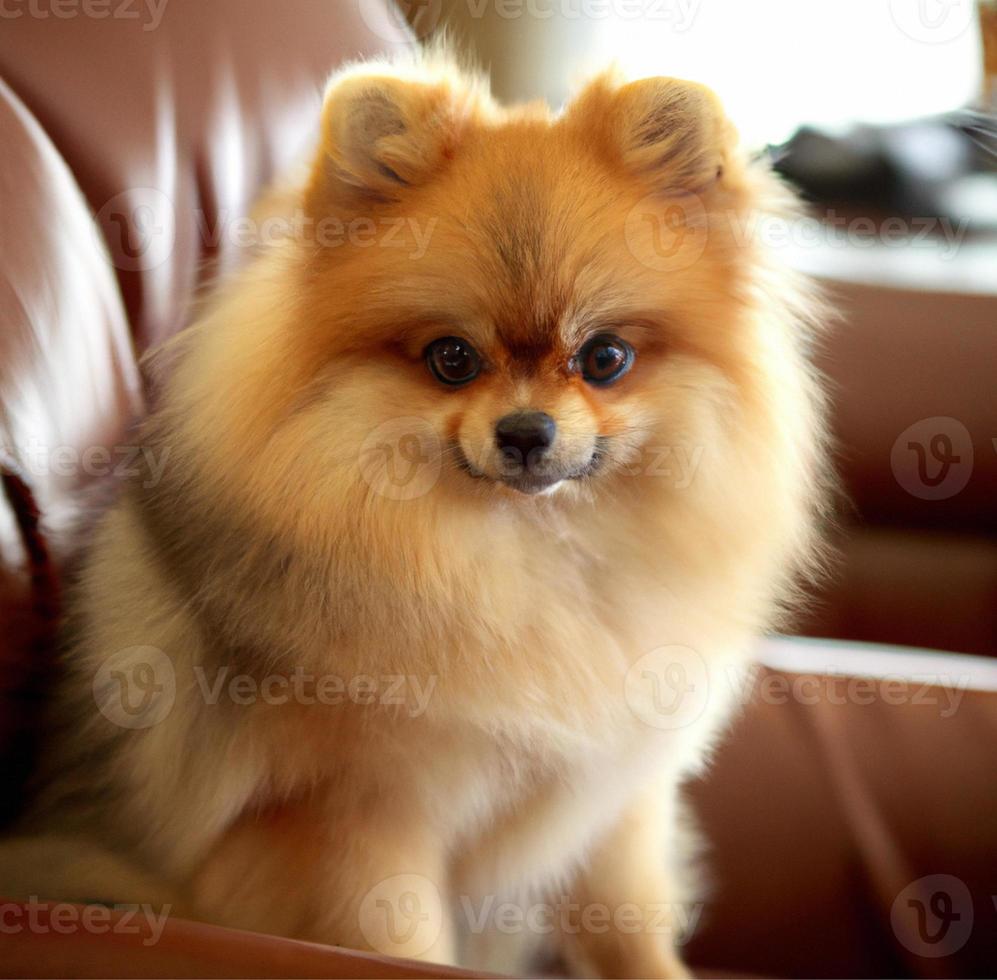 retrato de cerca de un lindo perro pomeraniano sentado en una silla de cuero foto