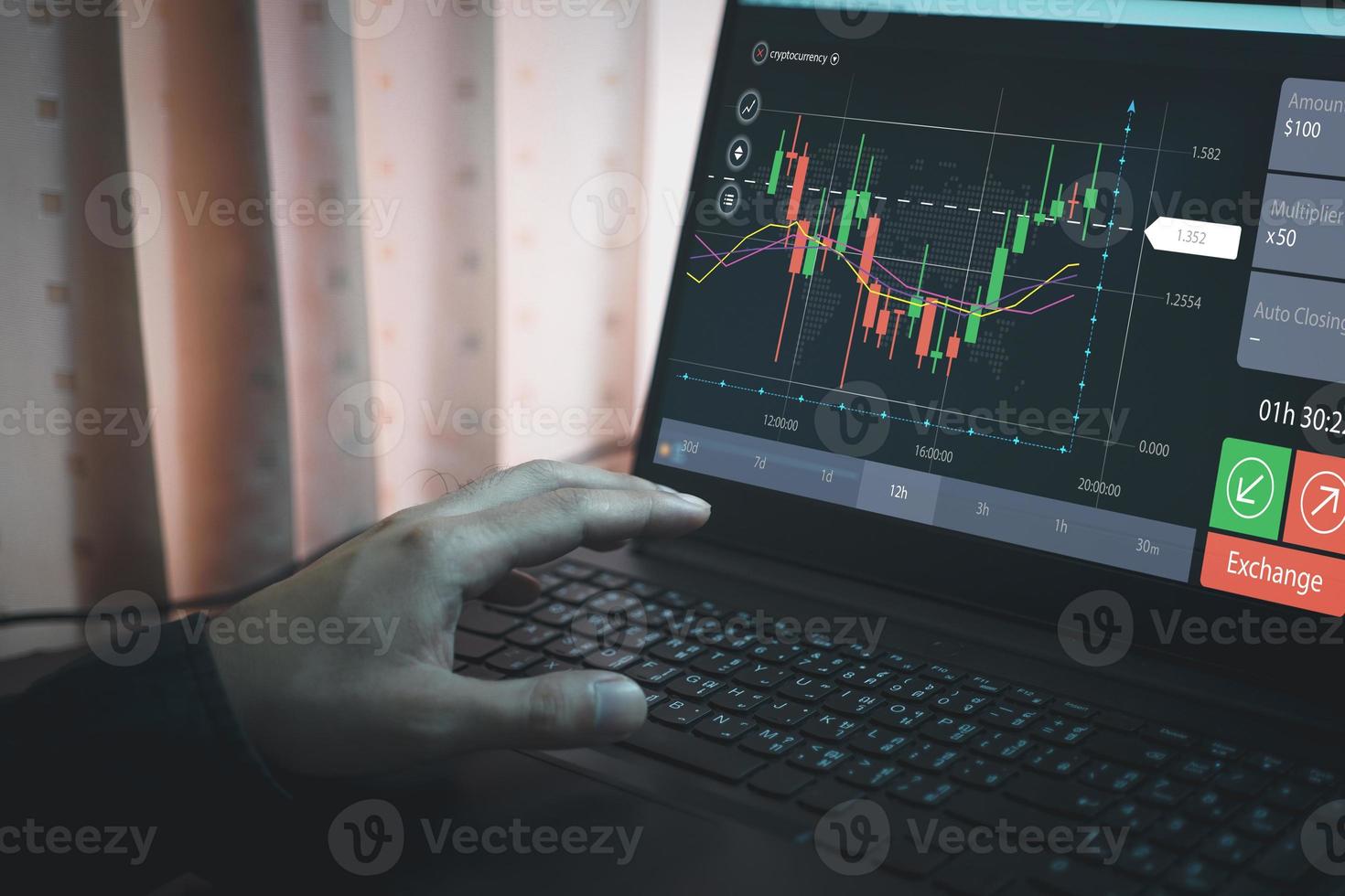 planificación y estrategia, mercado de valores, comerciante o inversor trabajando en casa. gráfico e indicador de precio técnico, gráfico de velas rojas y verdes y fondo de pantalla de computadora de comercio de acciones foto