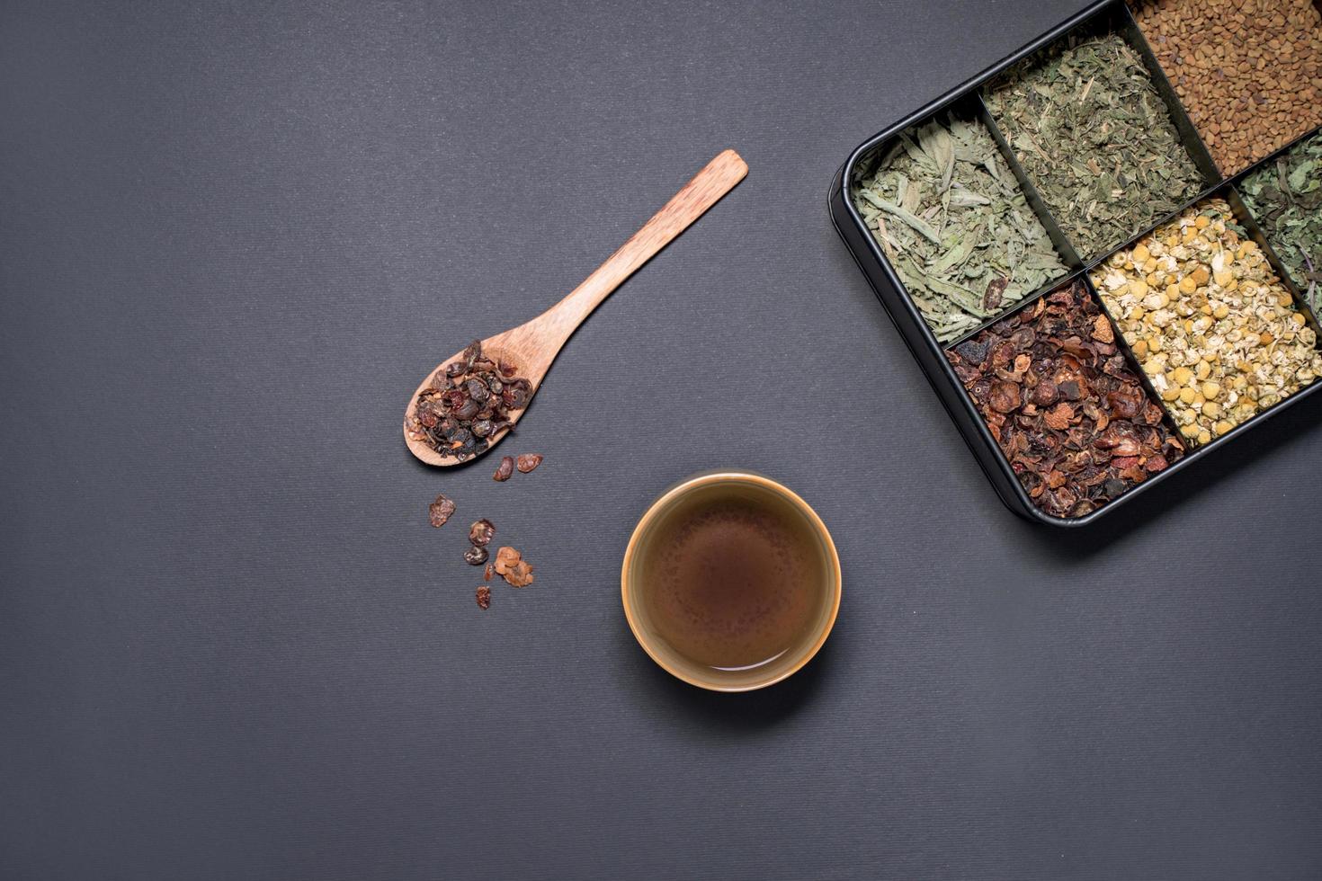 una taza de té junto a una cuchara de madera y una caja llena de diferentes tés foto