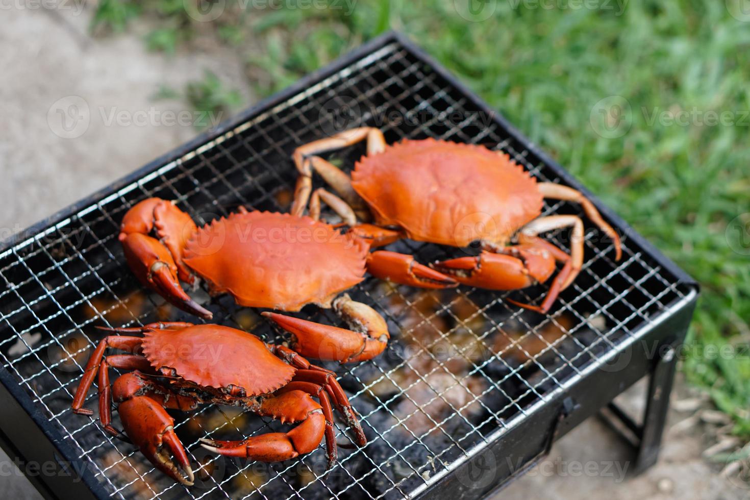 Grilled crabs on  picnic charcoal stove. Concept , Cooking for outdoor party. Thai enjoy having seafood barbeque when they have party or celebration. Camping at campfire. photo