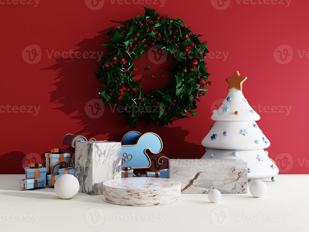 Christmas sale background with christmas gift box and stage podium on red and white background for product display 3d rendering photo