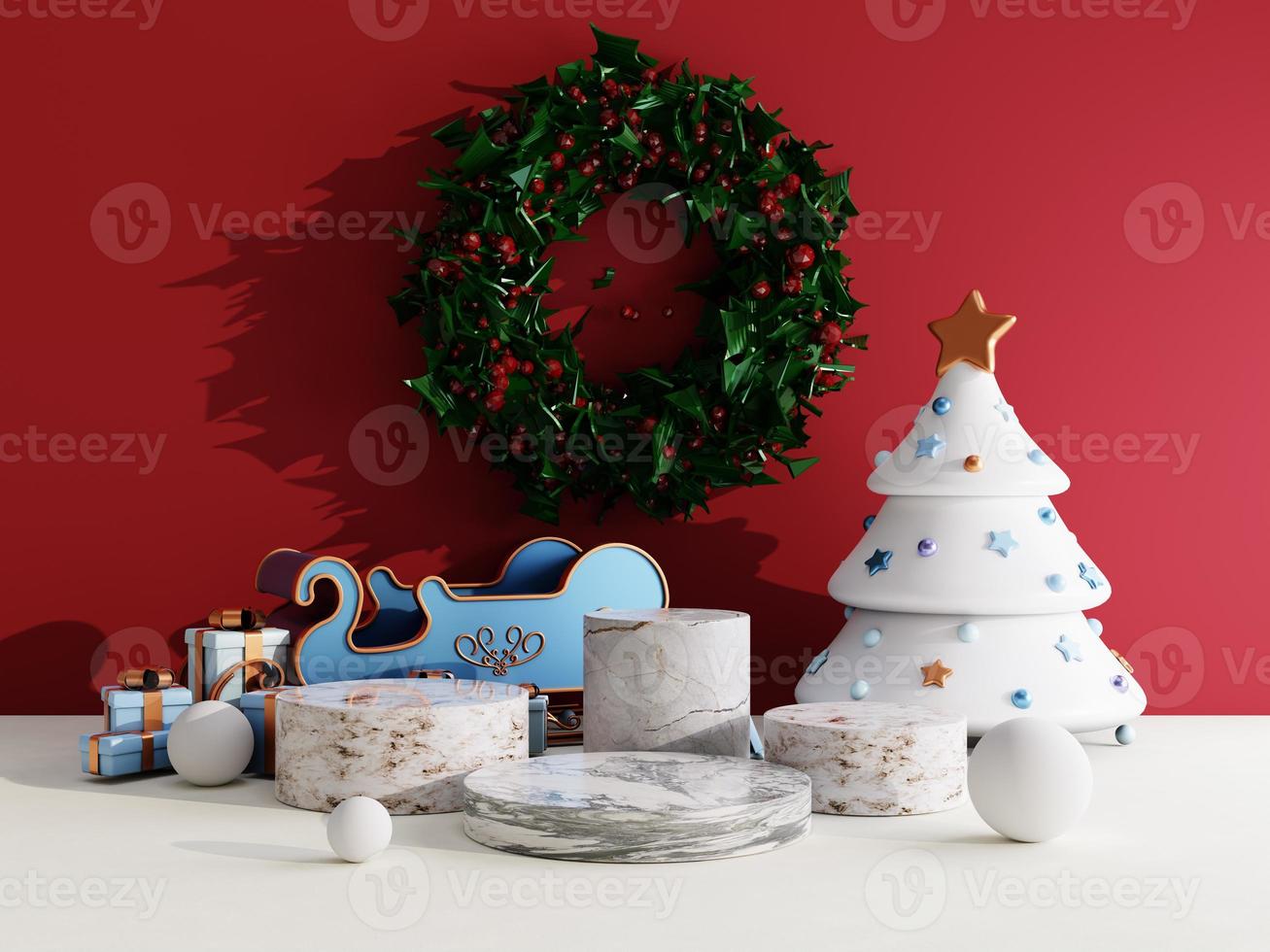 Christmas sale background with christmas gift box and stage podium on red and white background for product display 3d rendering photo