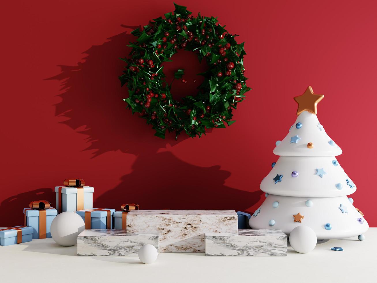 fondo de venta de navidad con árbol de navidad y podio de escenario sobre fondo rojo y blanco para exhibición de productos representación 3d foto