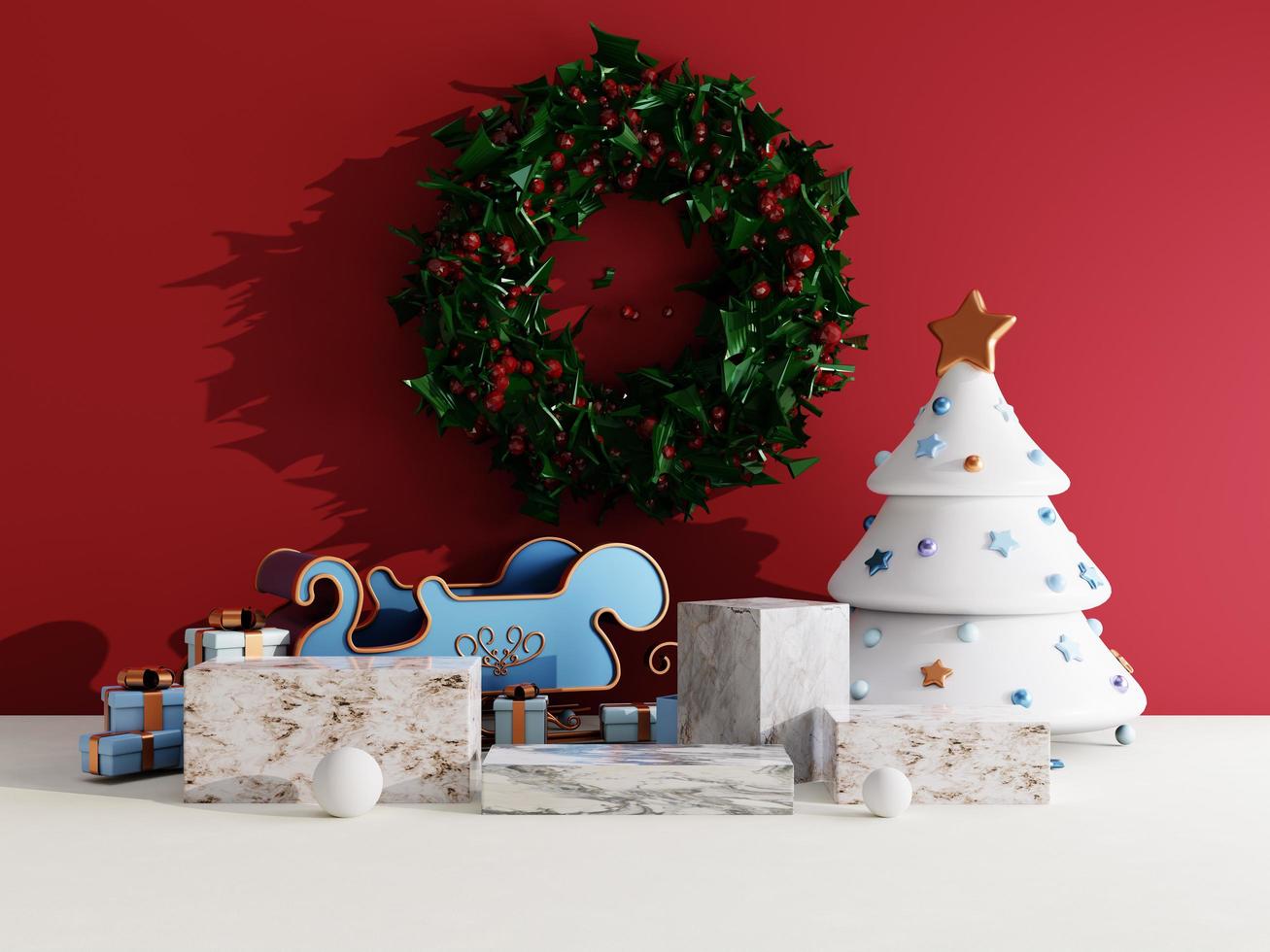 Christmas sale background with christmas gift box and stage podium on red and white background for product display 3d rendering photo