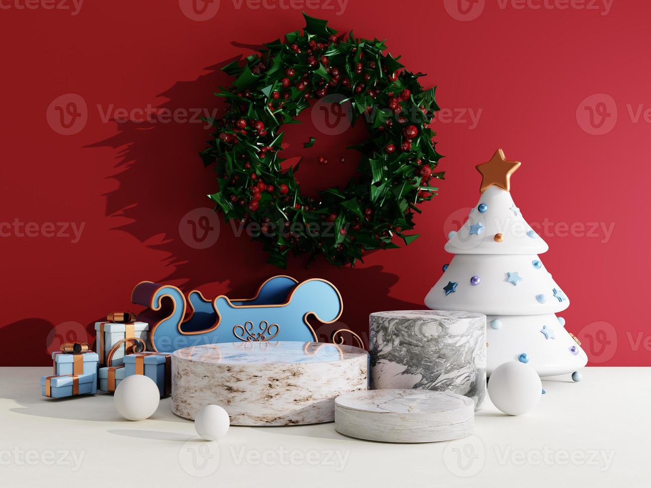 Christmas sale background with christmas gift box and stage podium on red and white background for product display 3d rendering photo