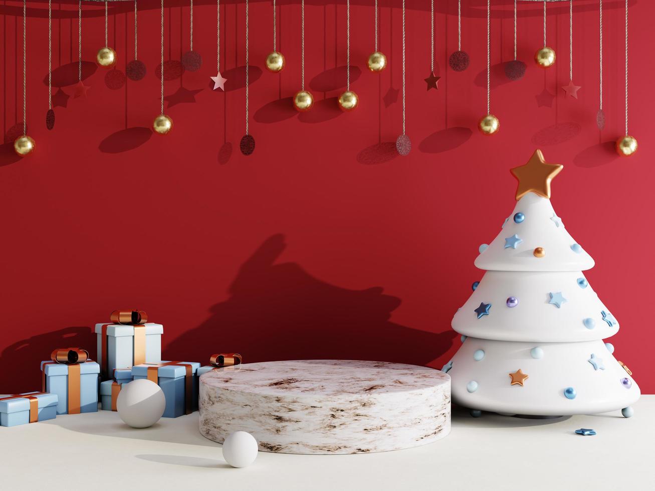 Christmas sale background with christmas gift box and stage podium on red and white background for product display 3d rendering photo