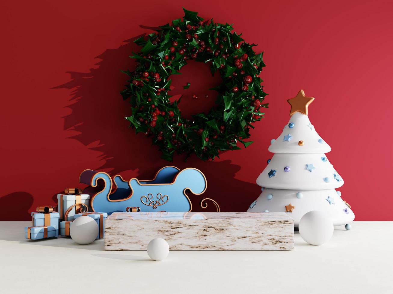 Christmas sale background with christmas gift box and stage podium on red and white background for product display 3d rendering photo