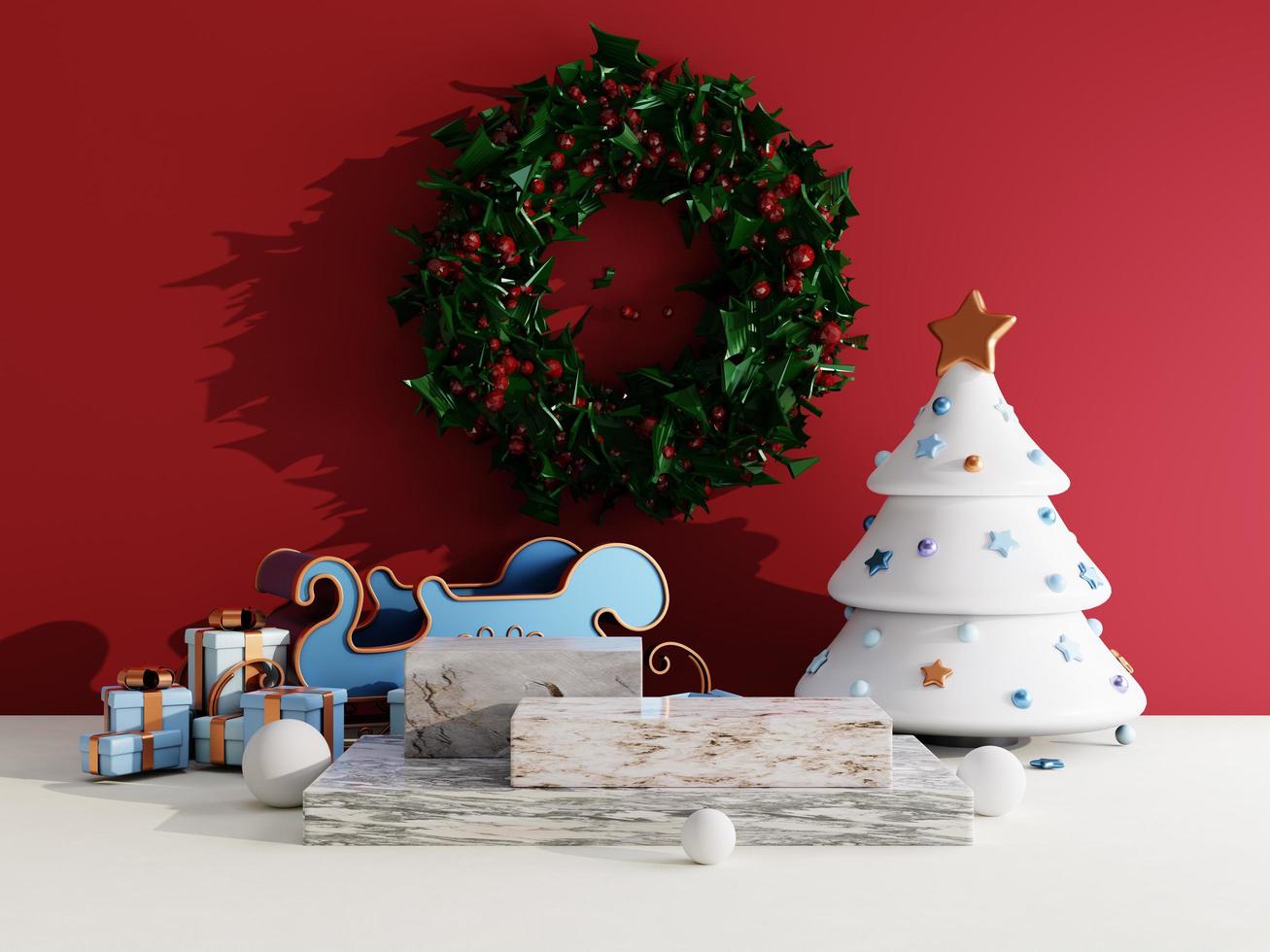 Christmas sale background with christmas gift box and stage podium on red and white background for product display 3d rendering photo