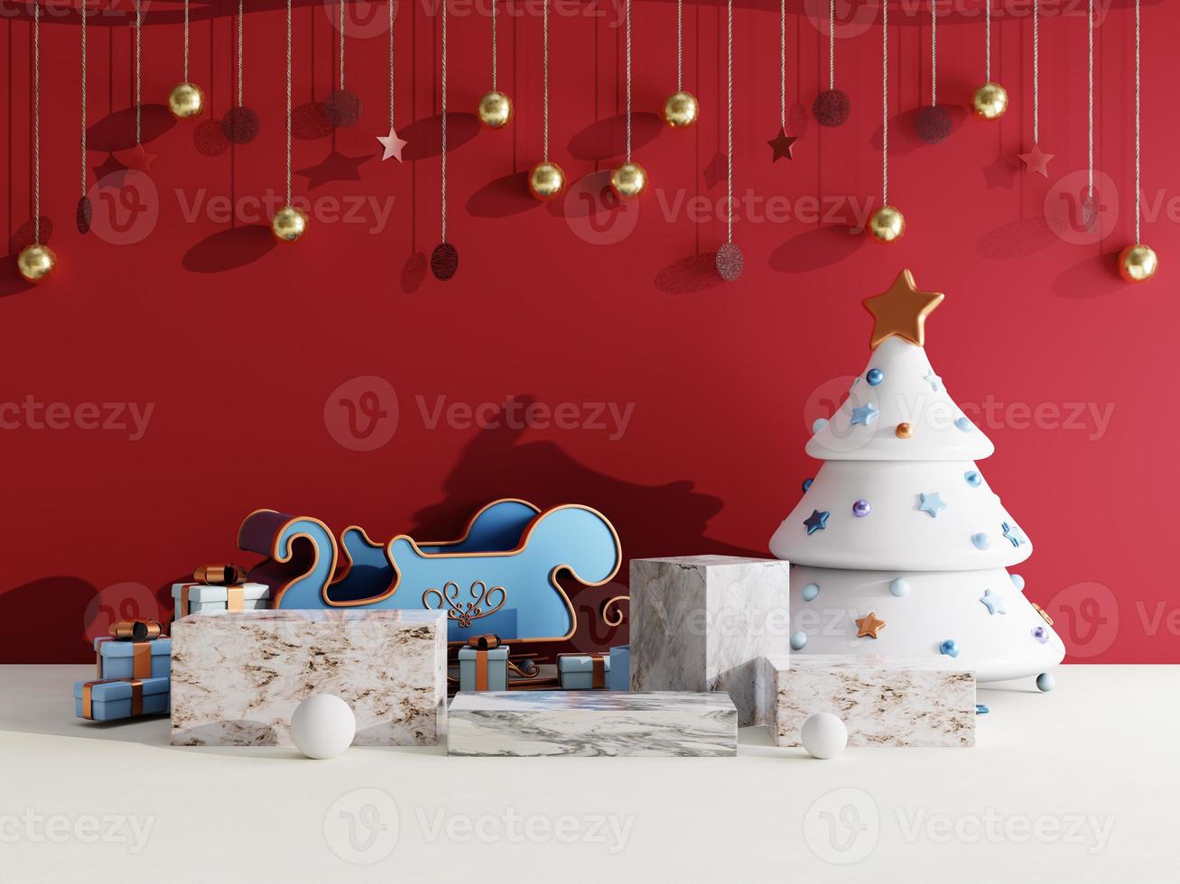 Christmas sale background with christmas sleigh and stage podium on red and white background for product display 3d rendering photo