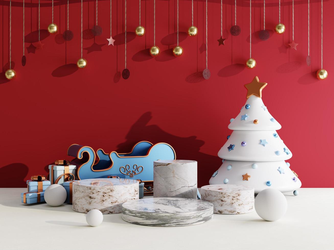 Christmas sale background with christmas sleigh and stage podium on red and white background for product display 3d rendering photo
