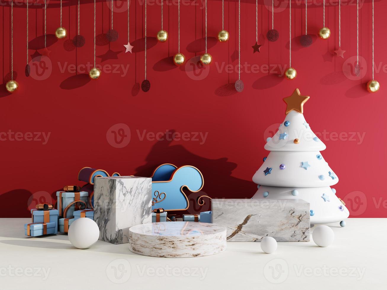 Christmas sale background with christmas gift box and stage podium on red and white background for product display 3d rendering photo