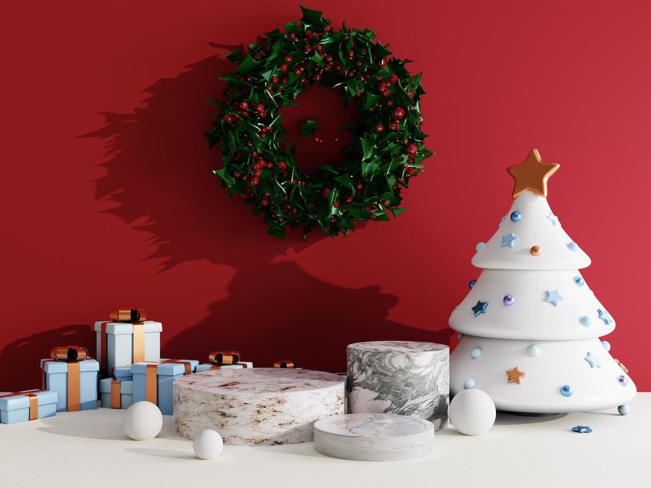 fondo de venta de navidad con árbol de navidad y podio de escenario sobre fondo rojo y blanco para exhibición de productos representación 3d foto