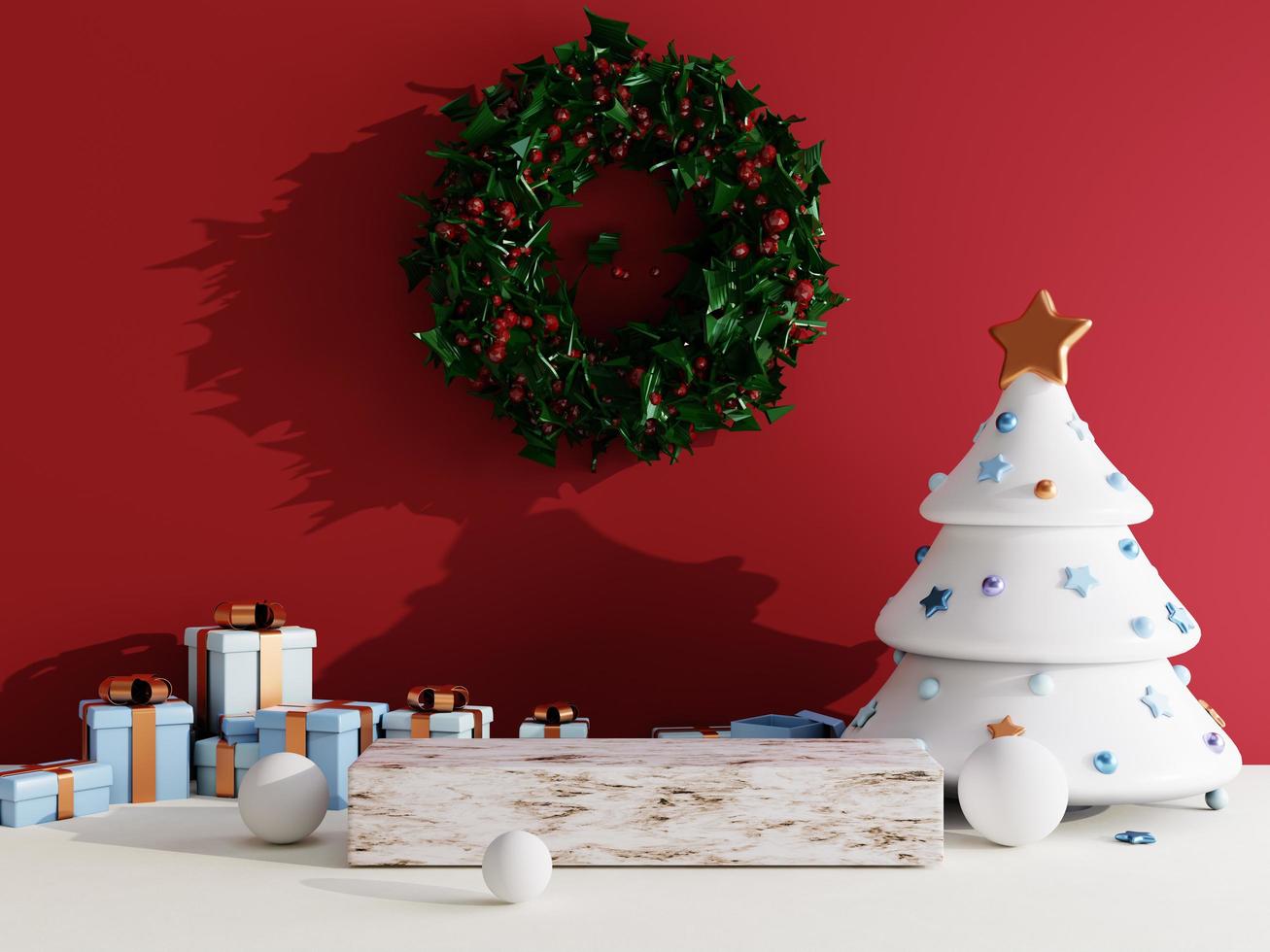 Christmas sale background with christmas tree and stage podium on red and white background for product display 3d rendering photo