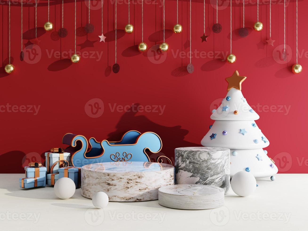 Christmas sale background with christmas gift box and stage podium on red and white background for product display 3d rendering photo