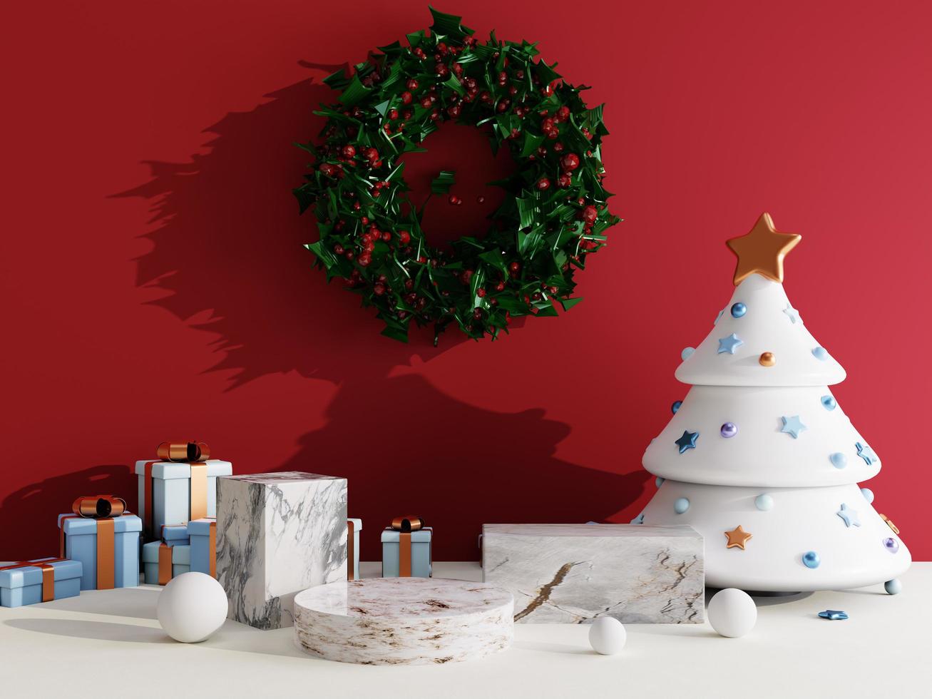 fondo de venta de navidad con árbol de navidad y podio de escenario sobre fondo rojo y blanco para exhibición de productos representación 3d foto