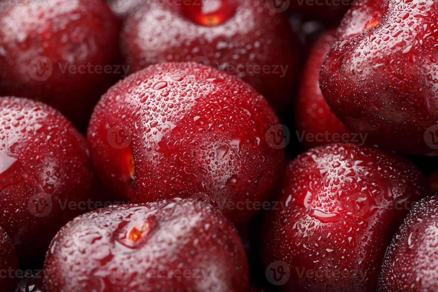 bayas maduras y frescas de una cereza dulce con gotas de agua de cerca. foto