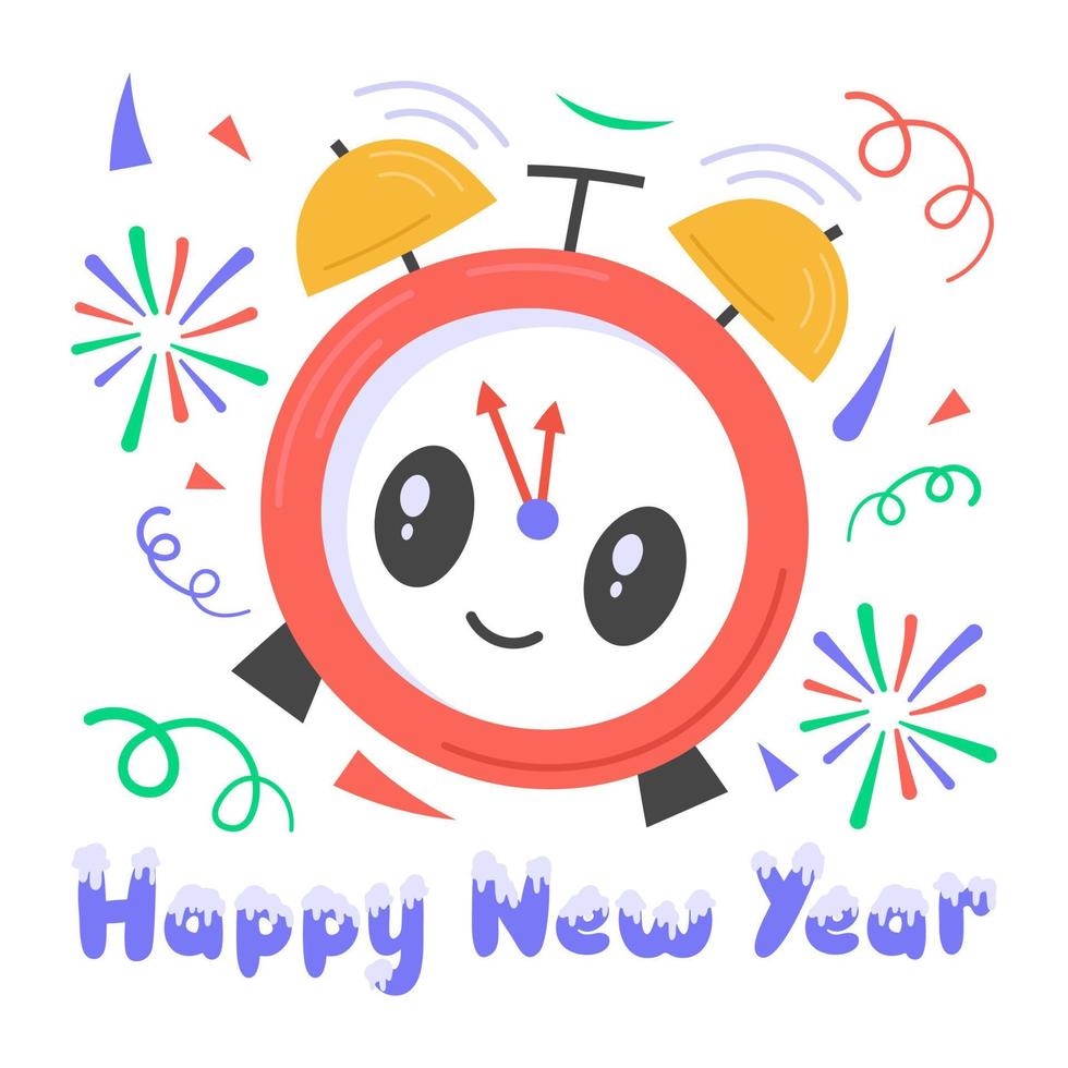 Trendy alarm clock sticker of happy new year party vector