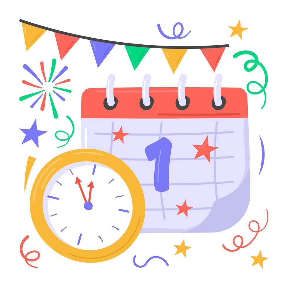 New year calendar and clock sticker in trendy style vector