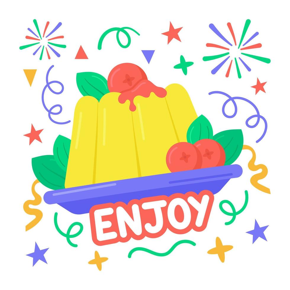 Sweet jelly pudding with red berries sticker isolated on white background vector