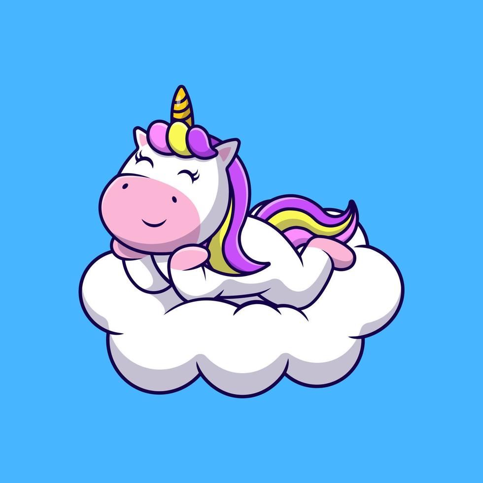 lindo unicornio yacía en la ilustración de iconos de vector de dibujos animados de nube. concepto de caricatura plana. adecuado para cualquier proyecto creativo.