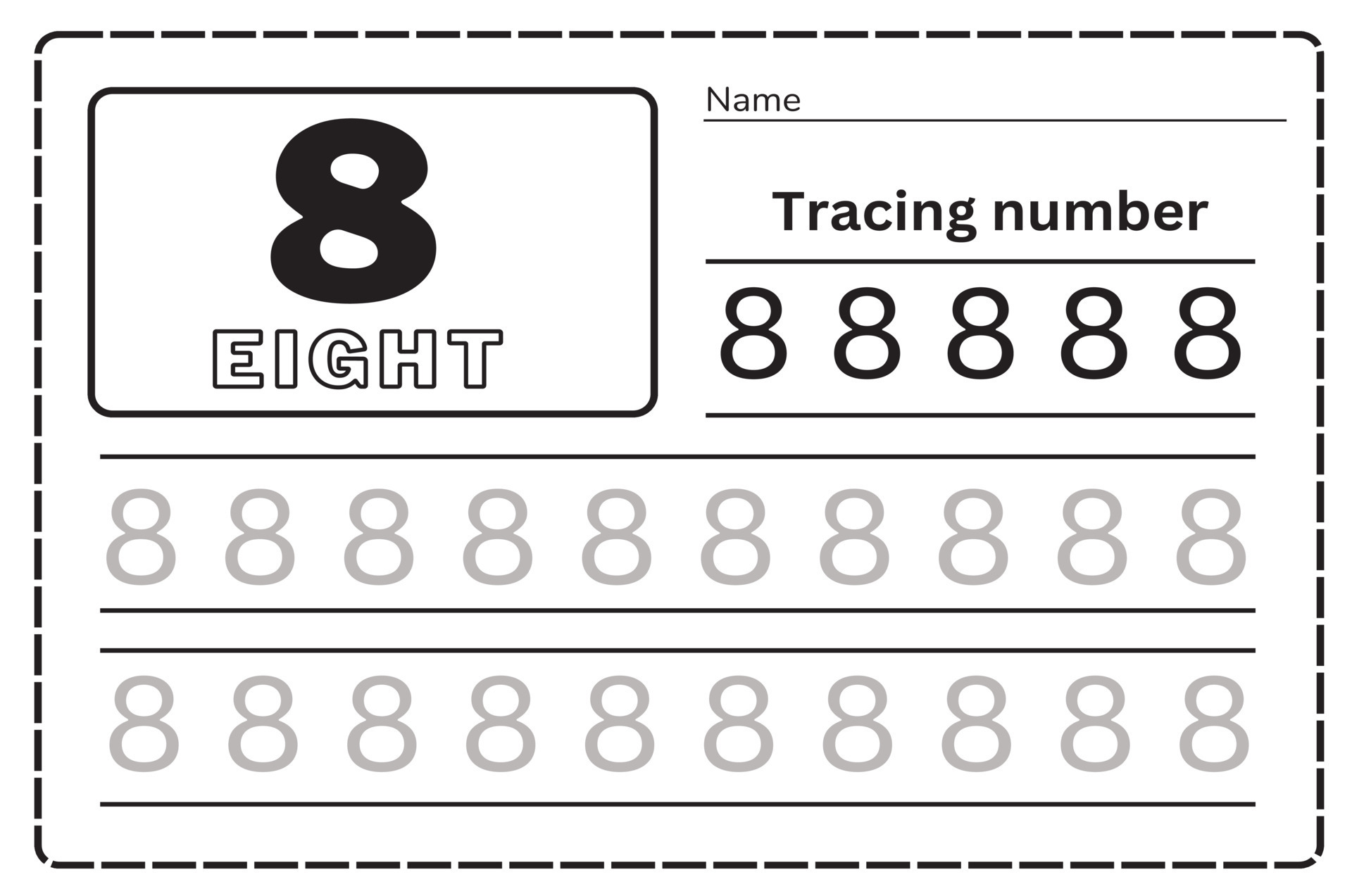 Number eight tracing practice worksheet for kids learning to count and