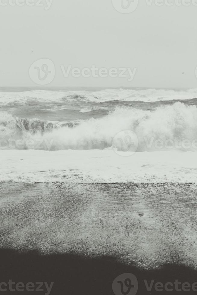Ocean foam on black sand monochrome landscape photo
