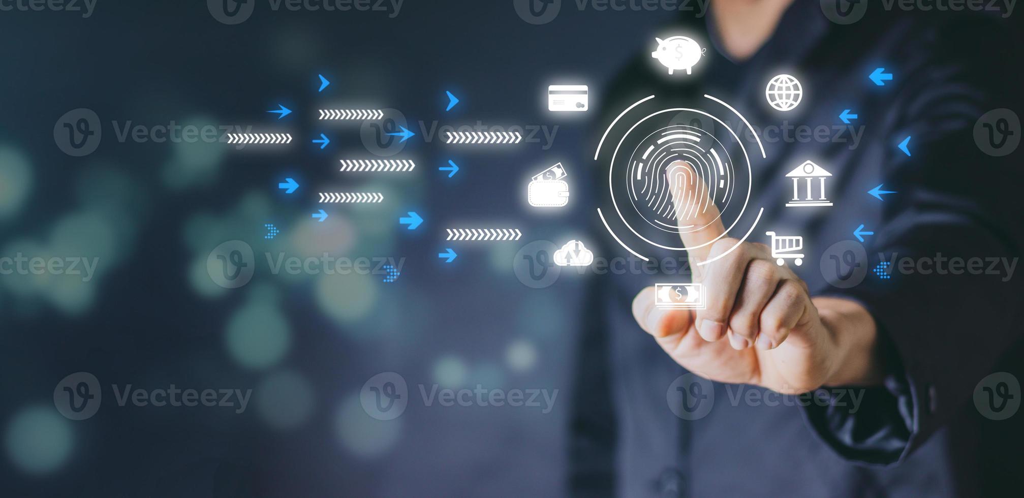 futuristic digital processing of biometric identification fingerprint scanner for access personal financial data. surveillance and security scanning of digital programs cyber futuristic applications photo