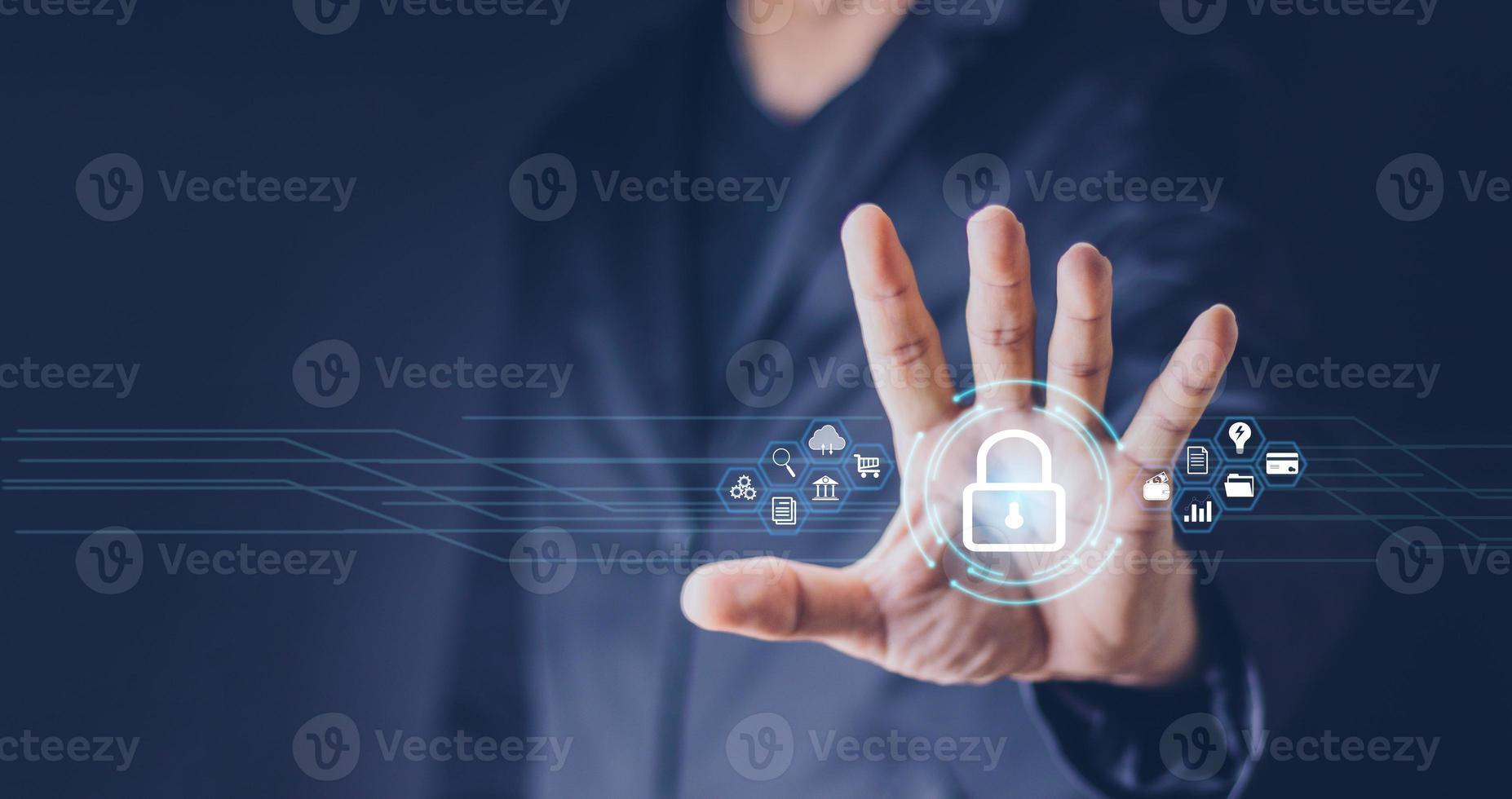 Cybersecurity and privacy concepts to protect data. Lock icon and internet network security technology. Businessman protecting personal data on smart phone with virtual screen interfaces. photo
